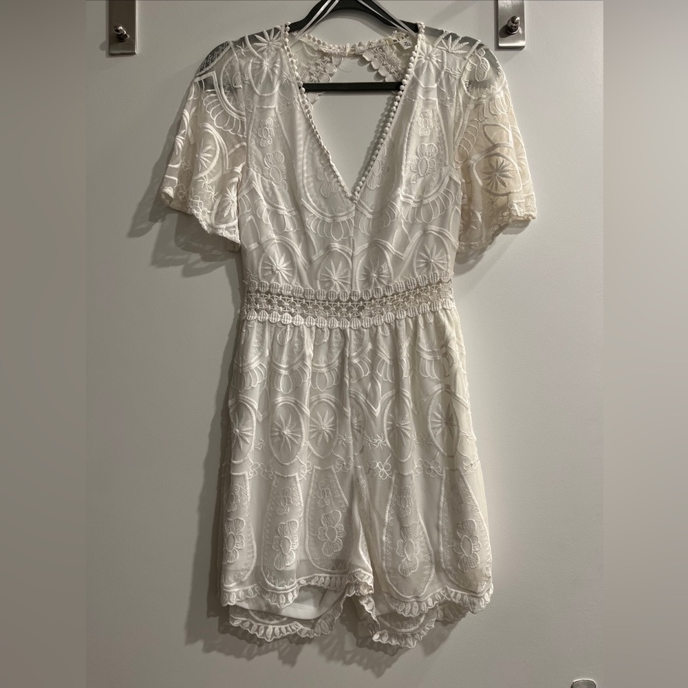 Miami Francescas Romper Short Sleeve White Lace Embroidered Open Back Crochet